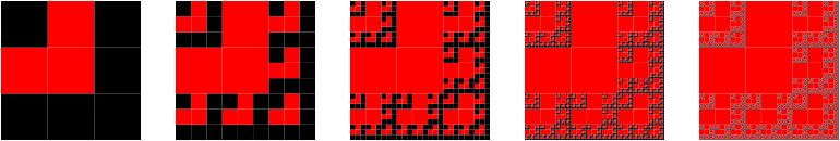Five red-and-black square carpets.
