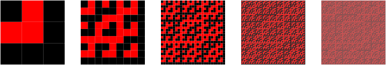 Five red-and-black square carpets.