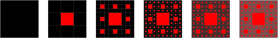 Six levels of Sierpinski carpets.