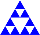 A blue triangle with side length 128 composed of three blue triangles of side length 64, each of which is composed of three blue triangles of side length 32.