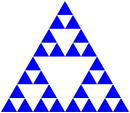 A blue triangle with side length 128 composed of three blue triangles of side length 64, each of which is composed of three blue triangles of side length 32, each of which is composed of three blue triangles of side length 16.