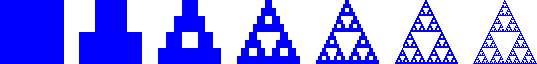 Seven "shapes" created by putting one recursive shape over two side-by-side shapes.