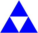 A blue triangle with side length 128 composed of three blue triangles of side length 64 along with a white space in the middle.