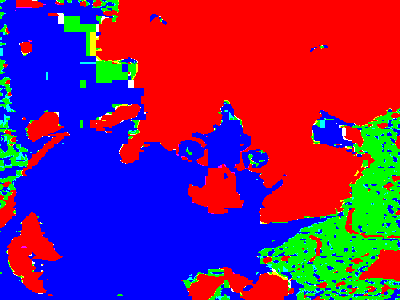 A nearly unrecognizable version of the kitten. Most of the kitten is blue. Mos of the cat is red. The rug is motly green, with some red and blue splotches.