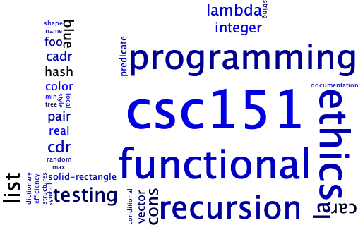 A word cloud of words related to csc-151. This appears less cloud like and more gridded; some words are rotated.