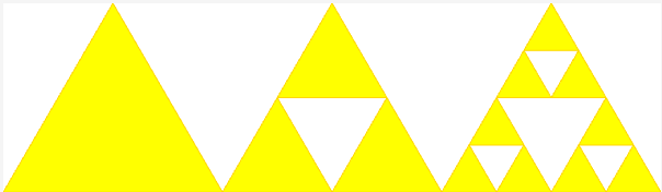 A series of three configurations of triangles in order of increasing complexity.